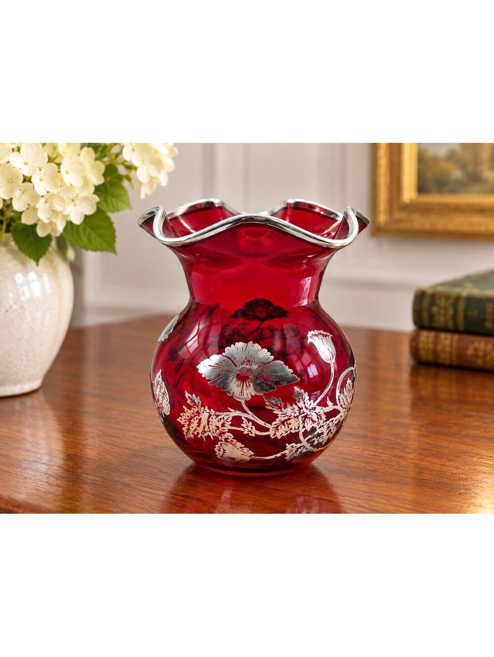 Vintage Silver City Ruby Red Glass Vase Sterling Silver Flanders Poppy 5"